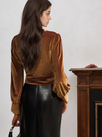 Cropped Velvet V-Neck Top with Twist Front and Puff Sleeves