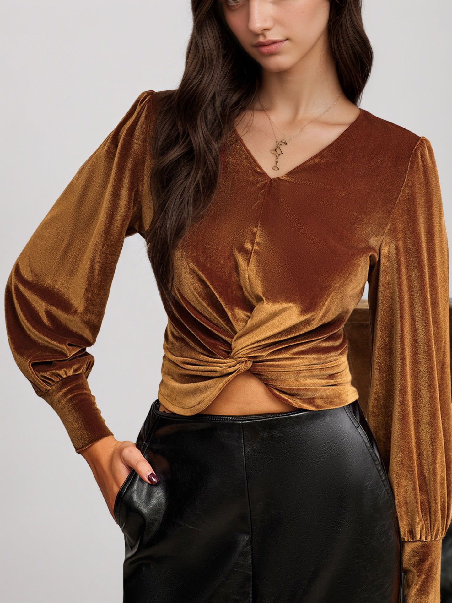 Cropped Velvet V-Neck Top with Twist Front and Puff Sleeves