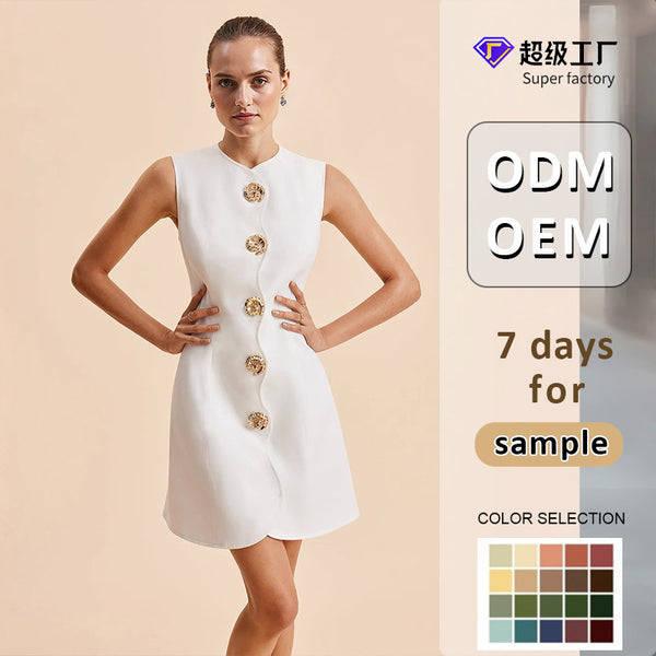 A-Line Mini Dress with Round Neck and Gold Buttons