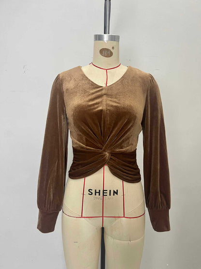 Cropped Velvet V-Neck Top with Twist Front and Puff Sleeves