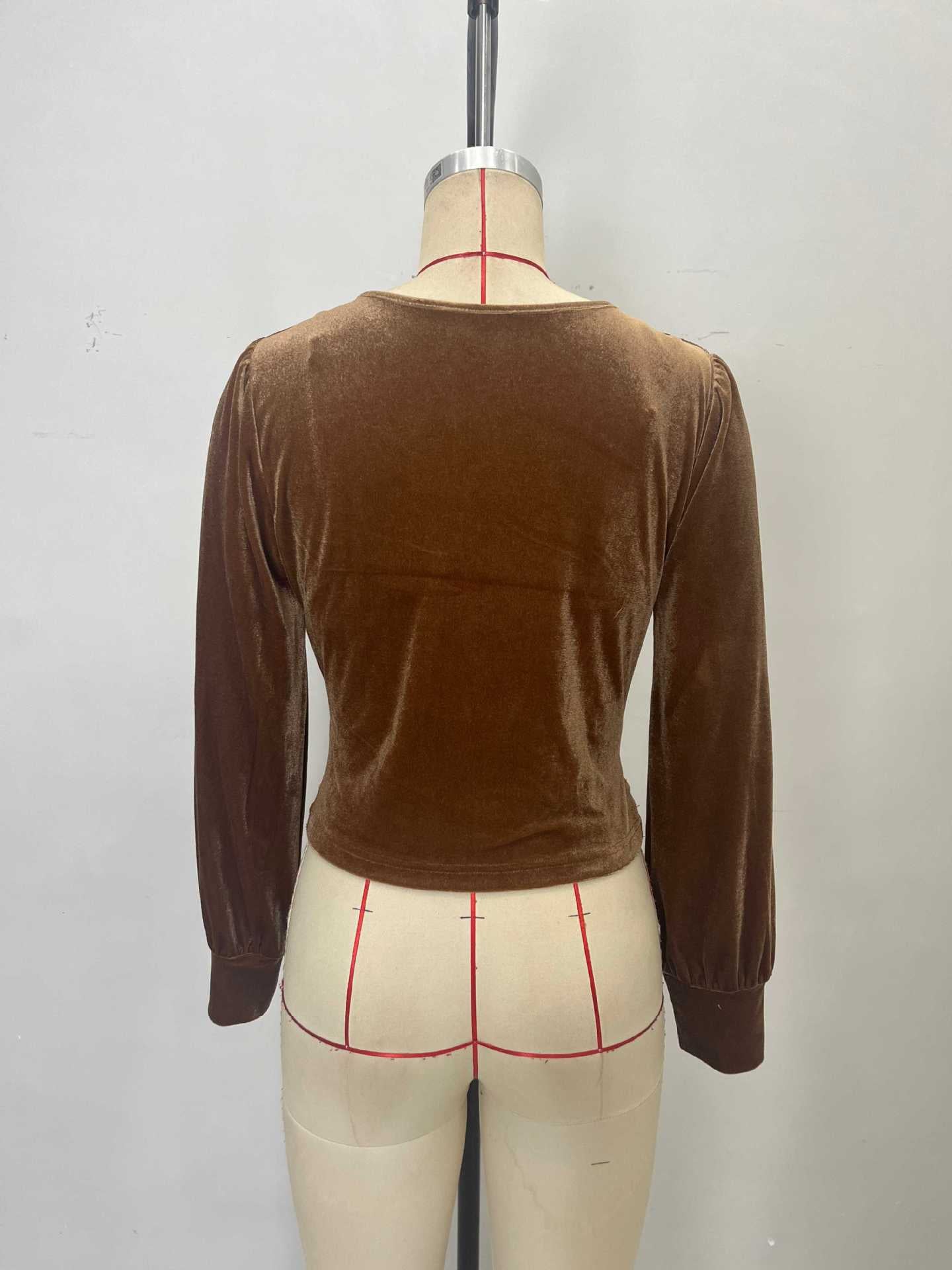Cropped Velvet V-Neck Top with Twist Front and Puff Sleeves