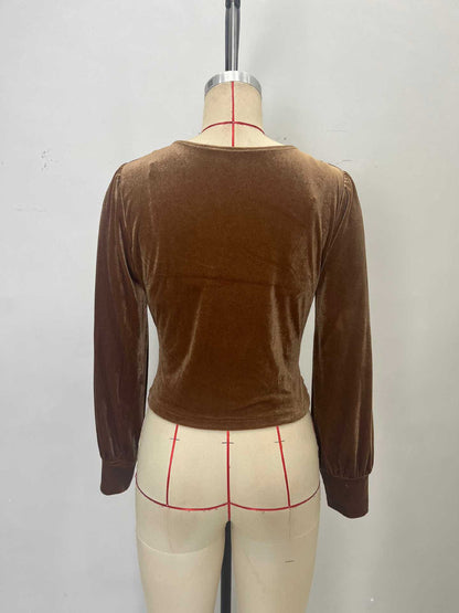 Cropped Velvet V-Neck Top with Twist Front and Puff Sleeves