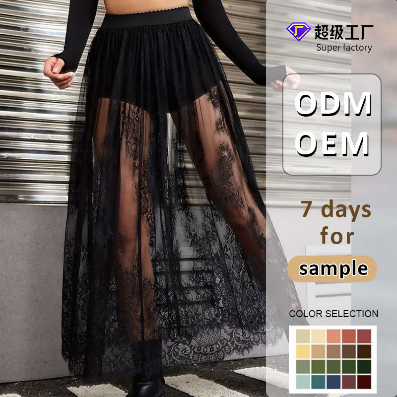 High-Waist Sheer Mesh Maxi Skirt with Floral Lace Trim