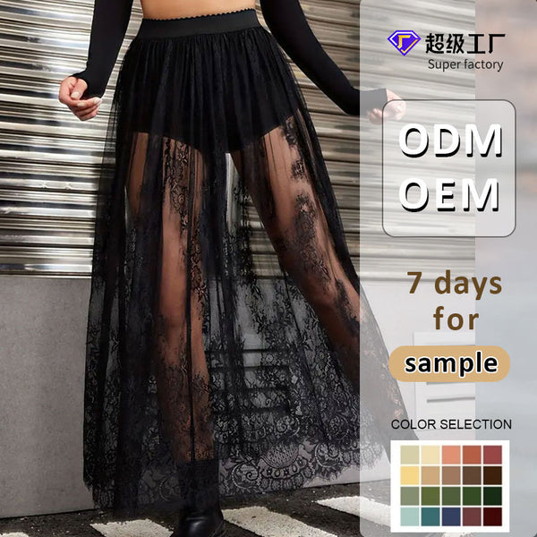 High-Waist Sheer Mesh Maxi Skirt with Floral Lace Trim