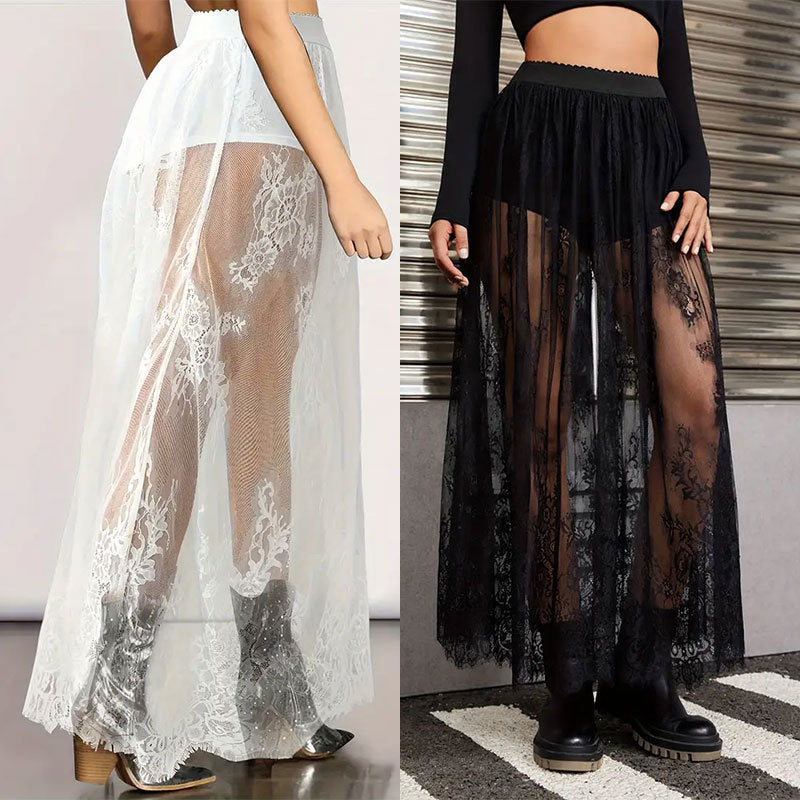 High-Waist Sheer Mesh Maxi Skirt with Floral Lace Trim