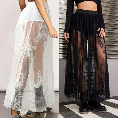 High-Waist Sheer Mesh Maxi Skirt with Floral Lace Trim