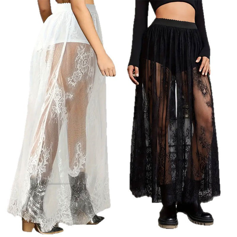 High-Waist Sheer Mesh Maxi Skirt with Floral Lace Trim