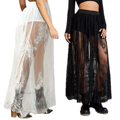 High-Waist Sheer Mesh Maxi Skirt with Floral Lace Trim