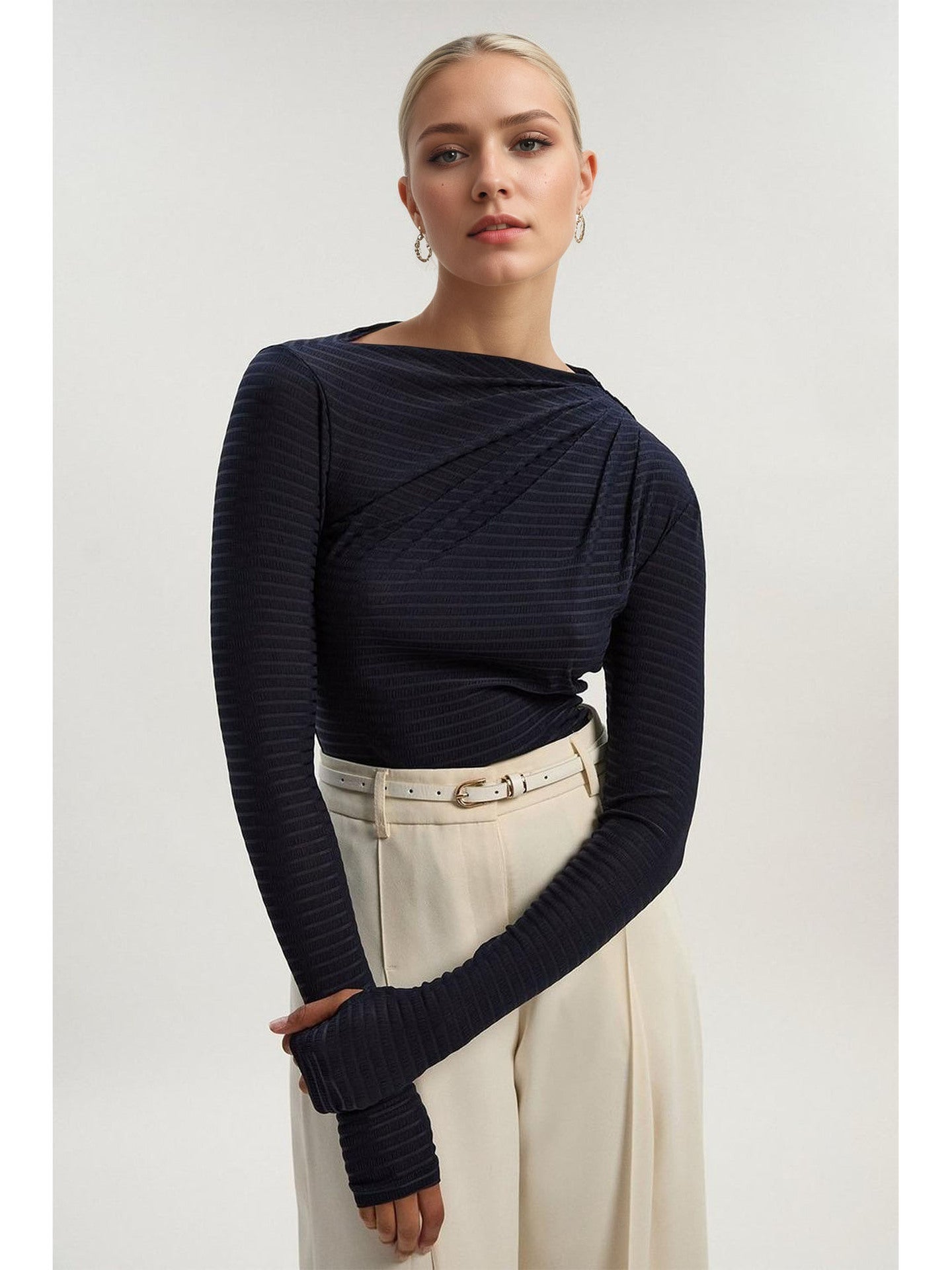 Ribbed Knit Top with Diagonal Draped Collar and Thumbholes