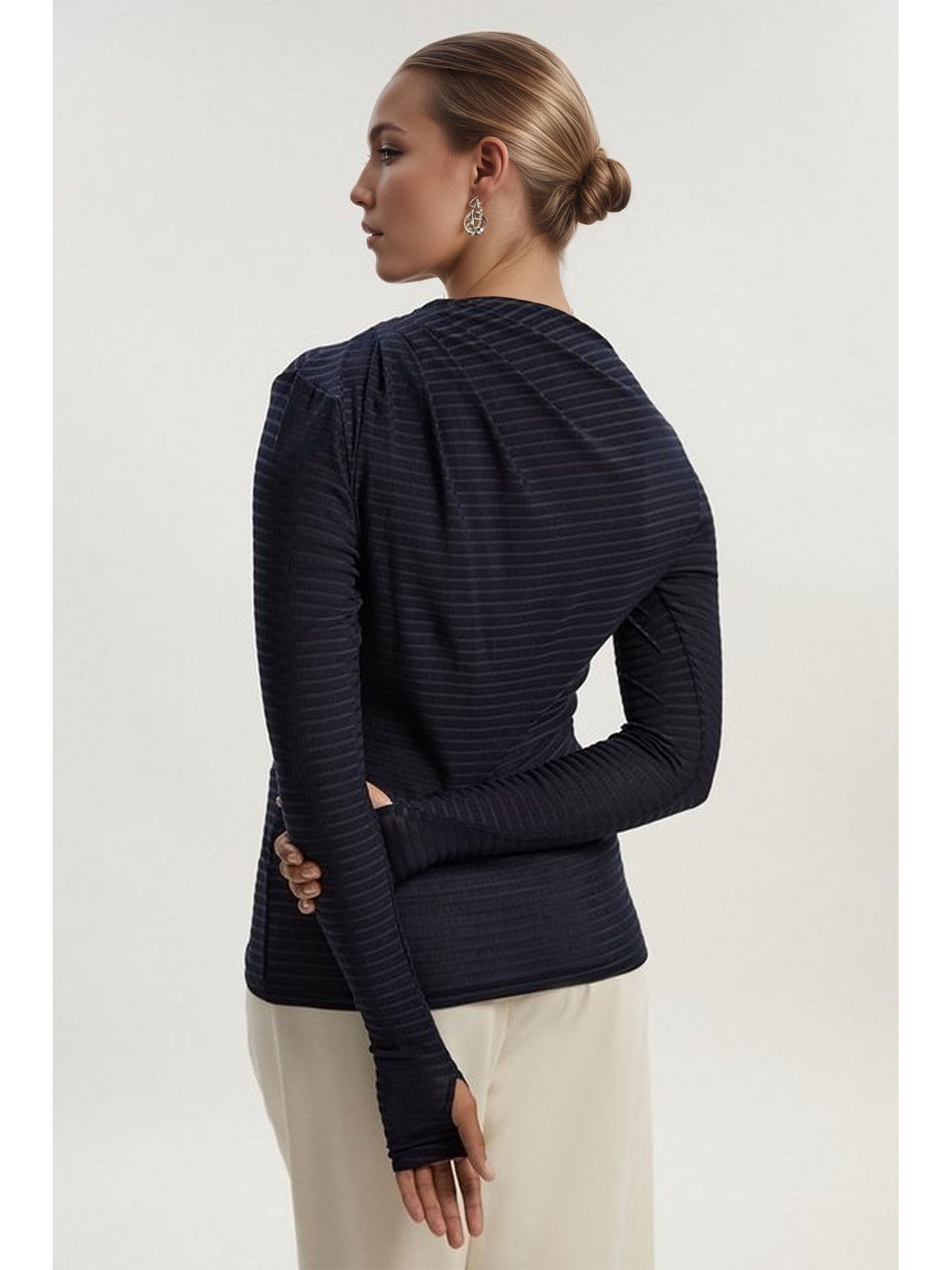 Ribbed Knit Top with Diagonal Draped Collar and Thumbholes