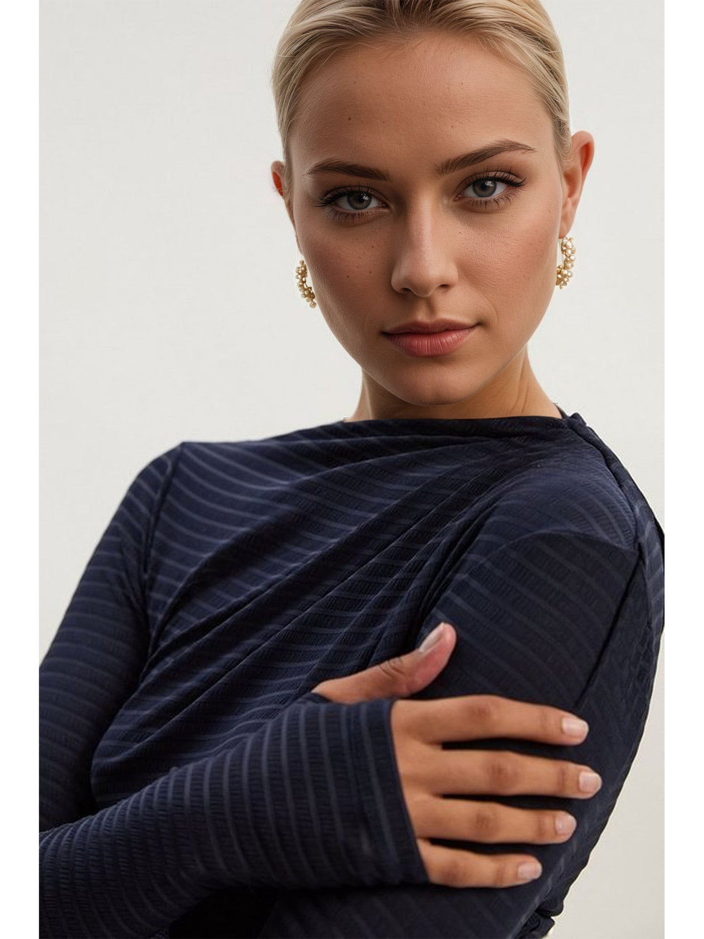 Ribbed Knit Top with Diagonal Draped Collar and Thumbholes
