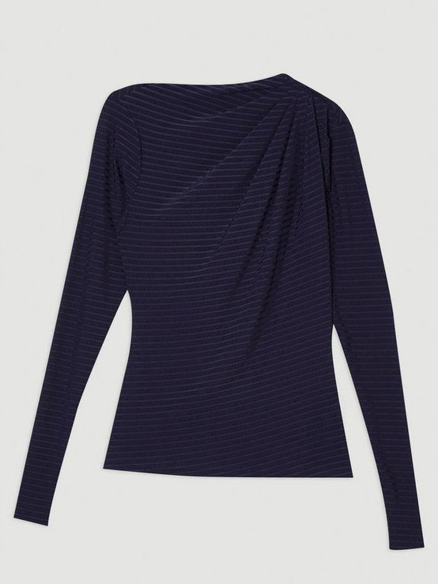 Ribbed Knit Top with Diagonal Draped Collar and Thumbholes