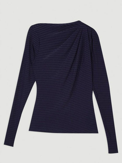 Ribbed Knit Top with Diagonal Draped Collar and Thumbholes