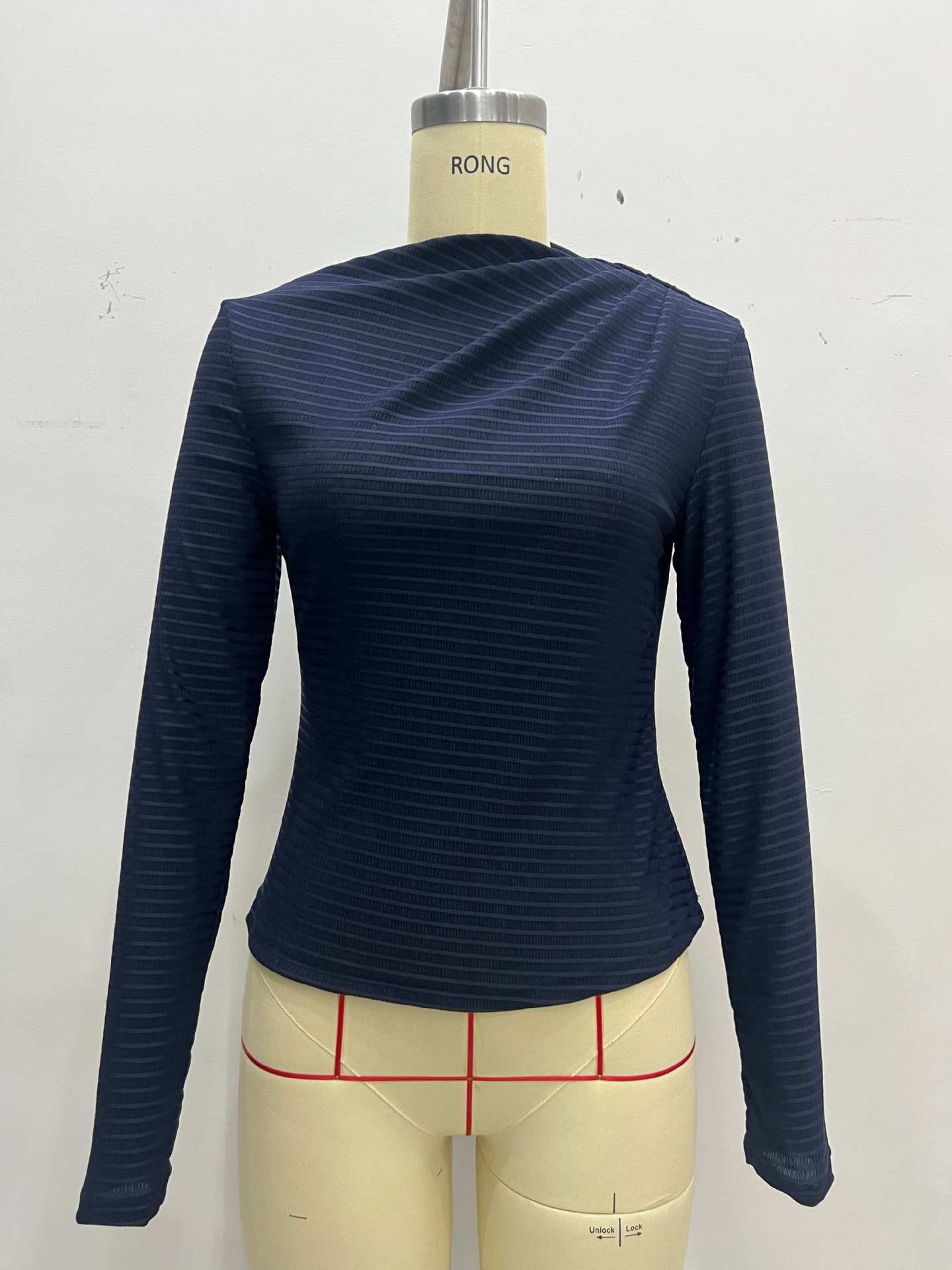 Ribbed Knit Top with Diagonal Draped Collar and Thumbholes