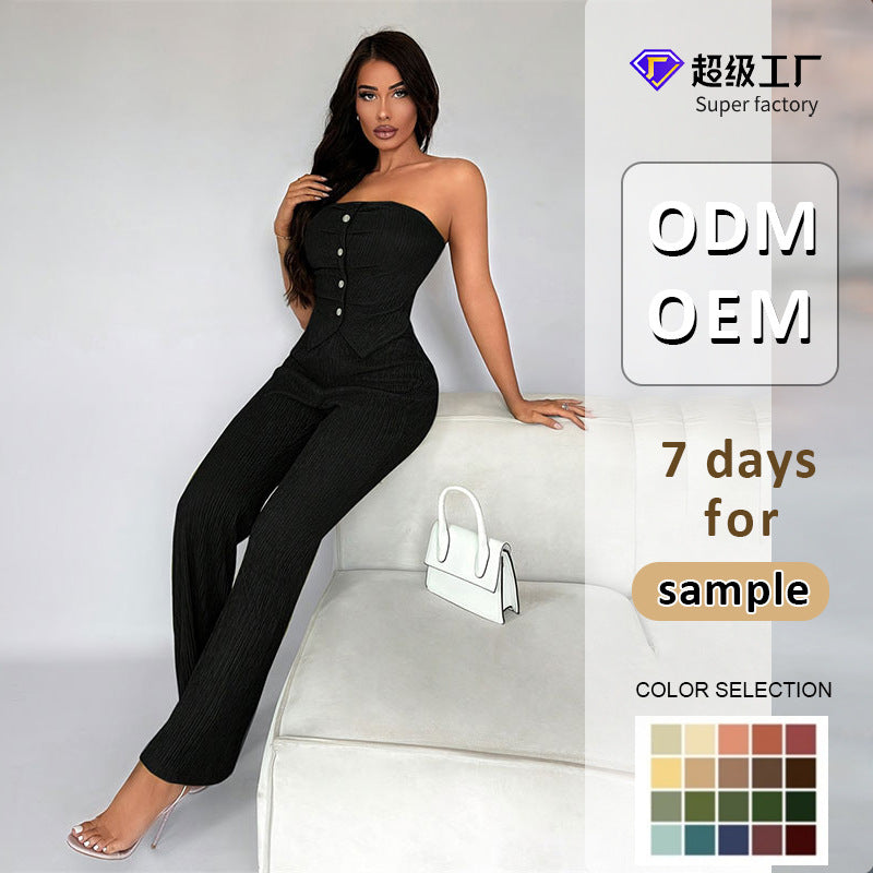 Solid Knit Tube Top and Flared Trousers Set with Button Detail