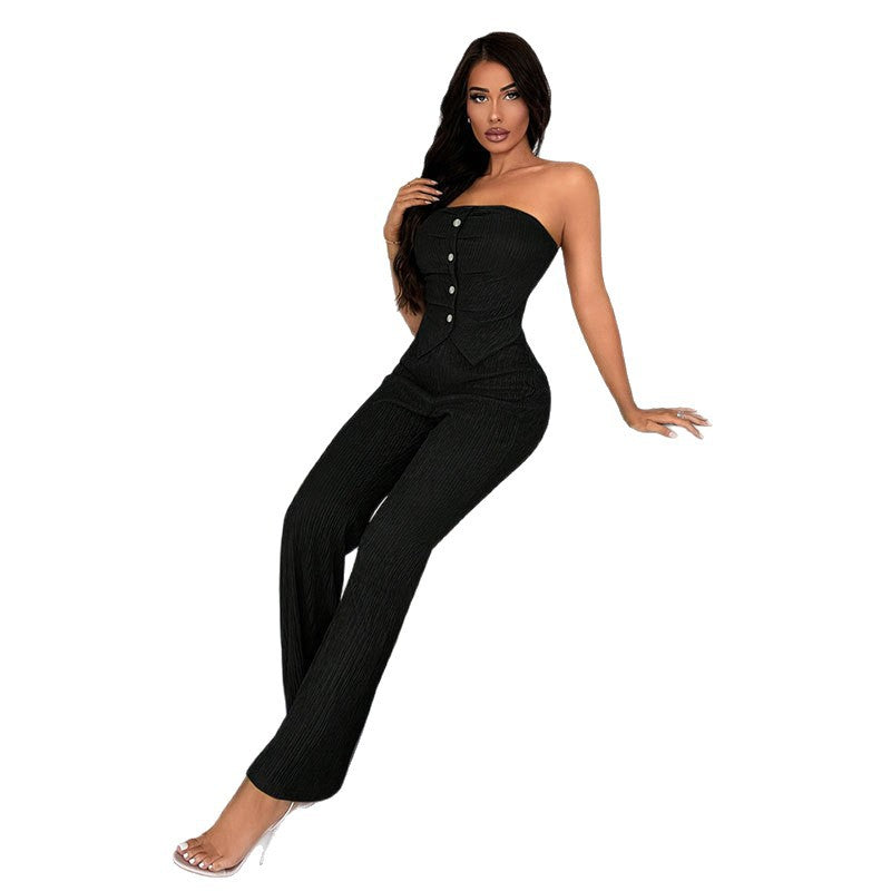 Solid Knit Tube Top and Flared Trousers Set with Button Detail