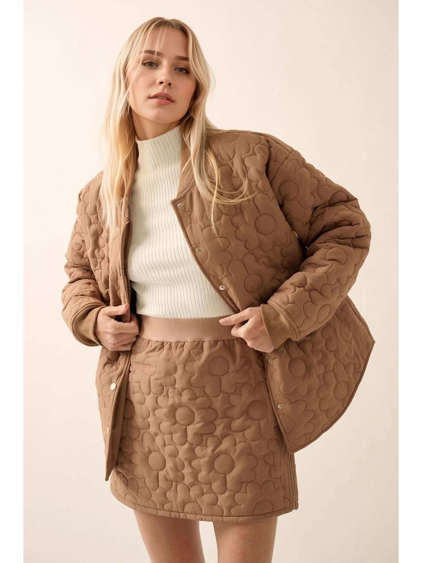 Floral Quilted Jacket and Mini Skirt Set with Stand Collar
