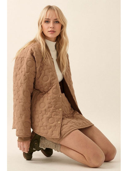 Floral Quilted Jacket and Mini Skirt Set with Stand Collar