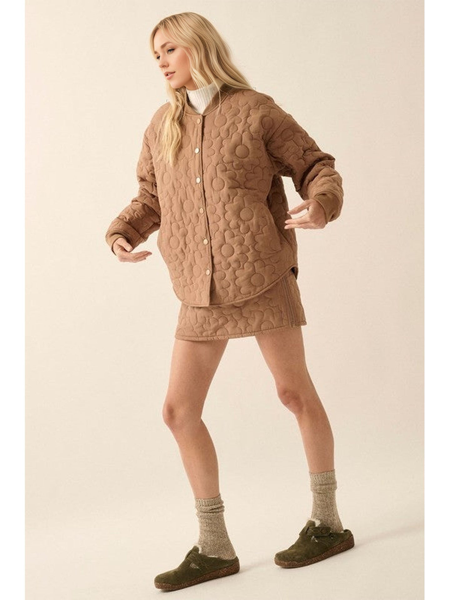 Floral Quilted Jacket and Mini Skirt Set with Stand Collar