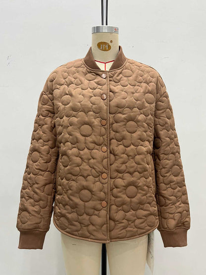 Floral Quilted Jacket and Mini Skirt Set with Stand Collar