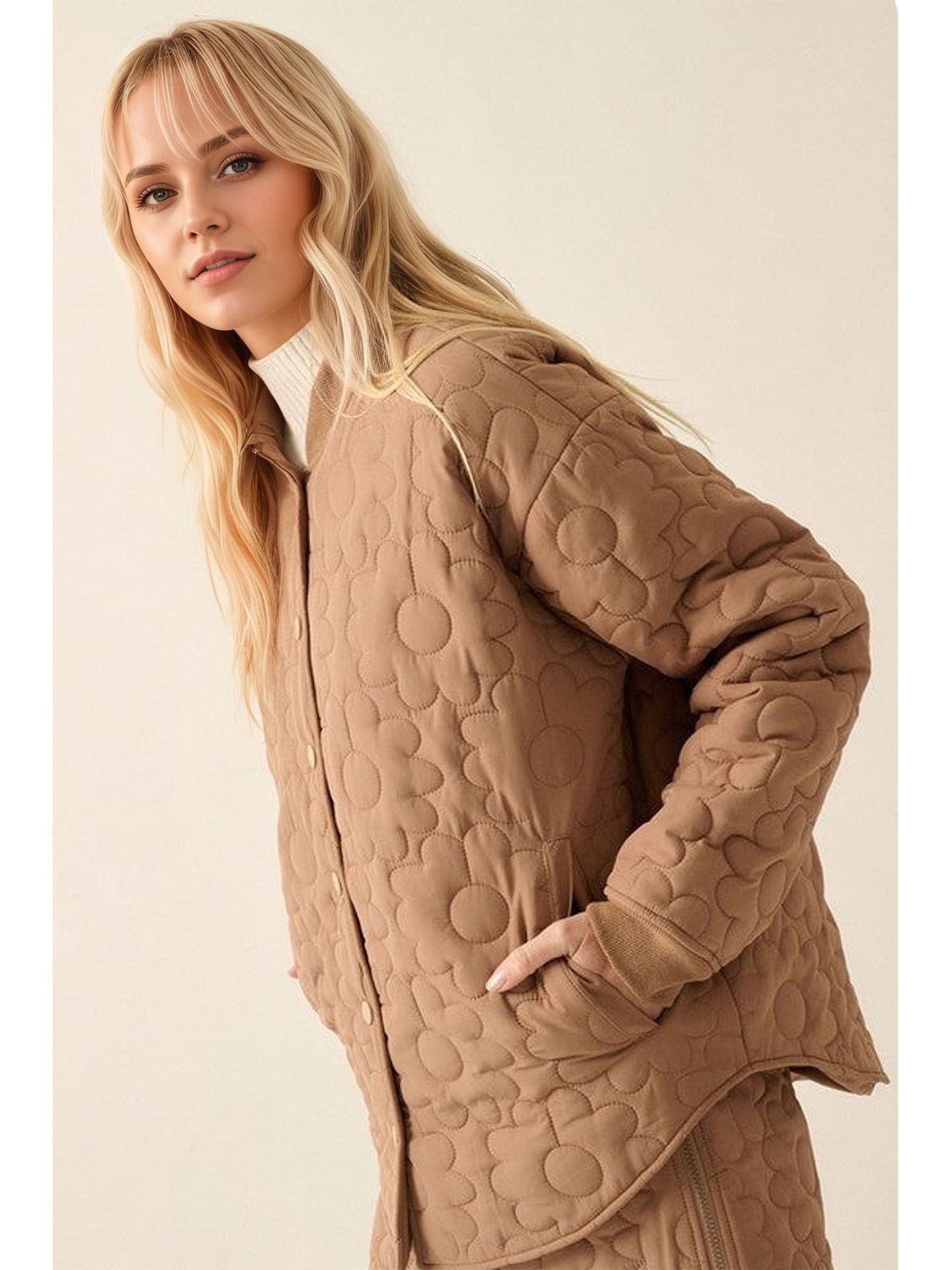 Floral Quilted Jacket and Mini Skirt Set with Stand Collar