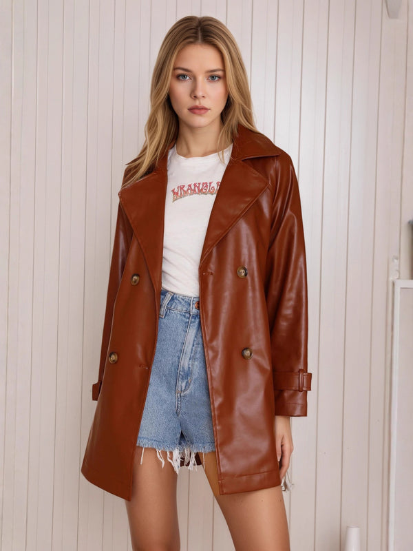 Solid Faux Leather Trench Jacket with Double-Breasted Buttons