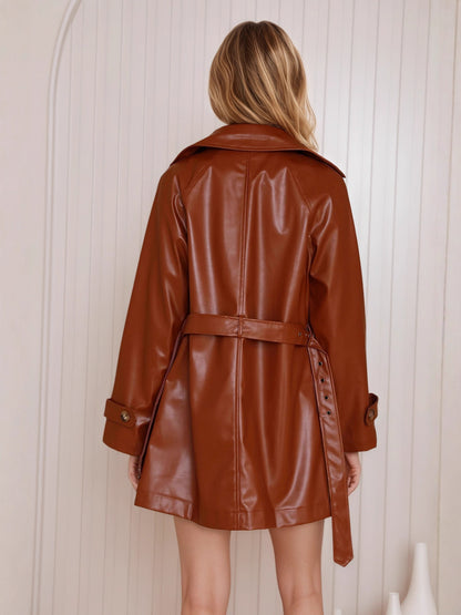 Solid Faux Leather Trench Jacket with Double-Breasted Buttons