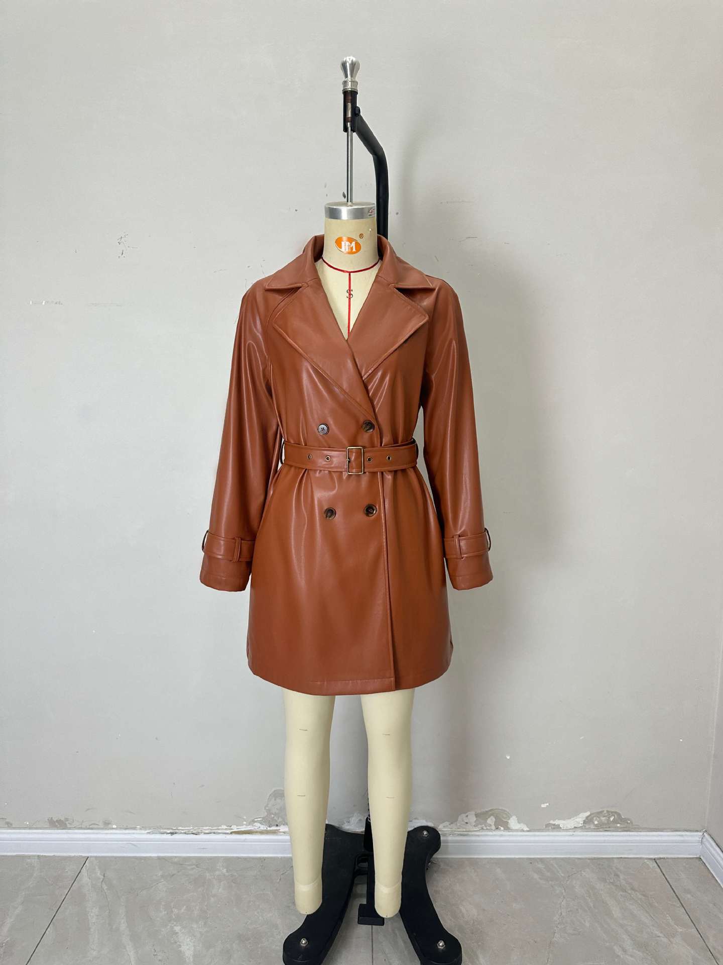 Solid Faux Leather Trench Jacket with Double-Breasted Buttons