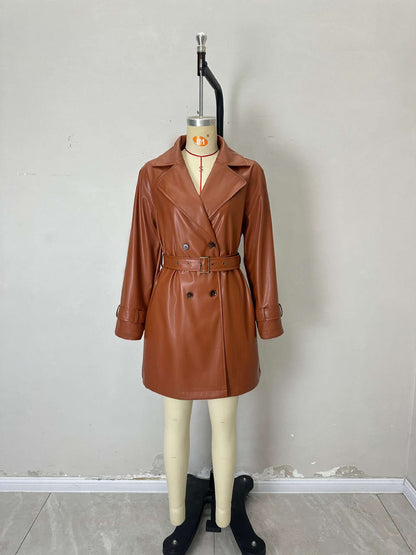 Solid Faux Leather Trench Jacket with Double-Breasted Buttons