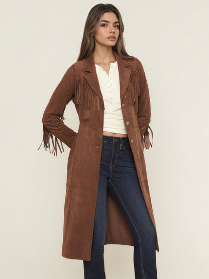 Long Faux Suede Jacket with Fringe and Suit Collar
