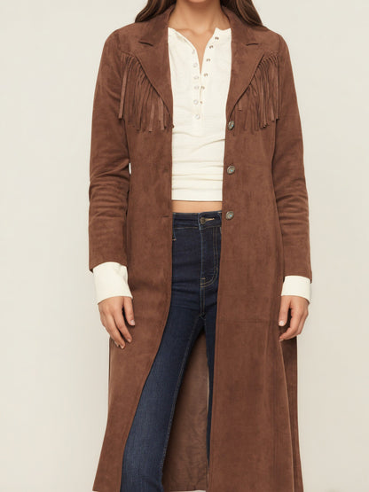 Long Faux Suede Jacket with Fringe and Suit Collar
