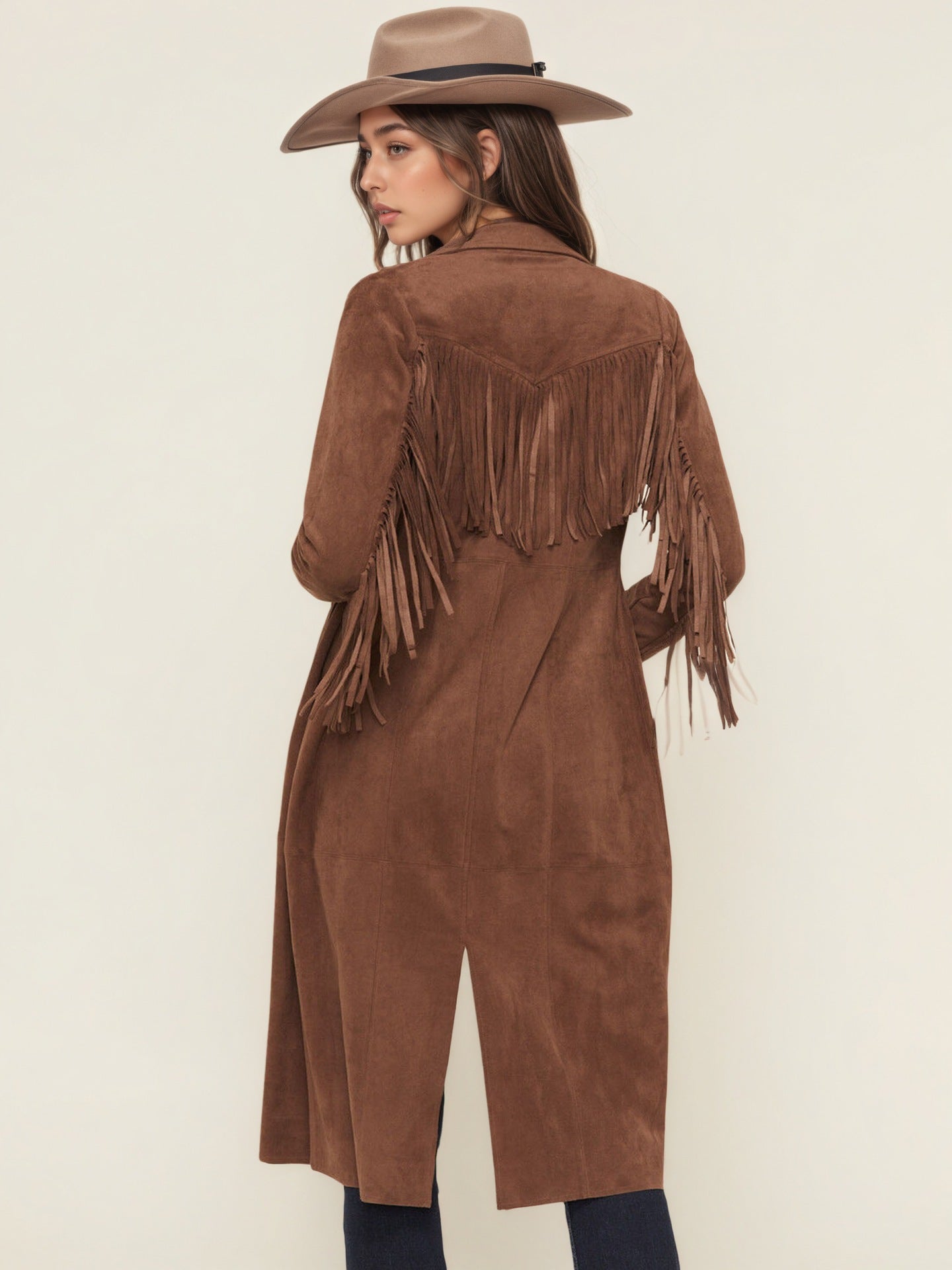 Long Faux Suede Jacket with Fringe and Suit Collar