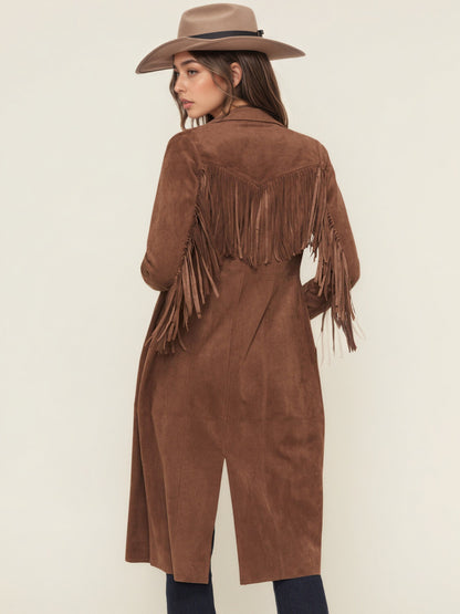 Long Faux Suede Jacket with Fringe and Suit Collar
