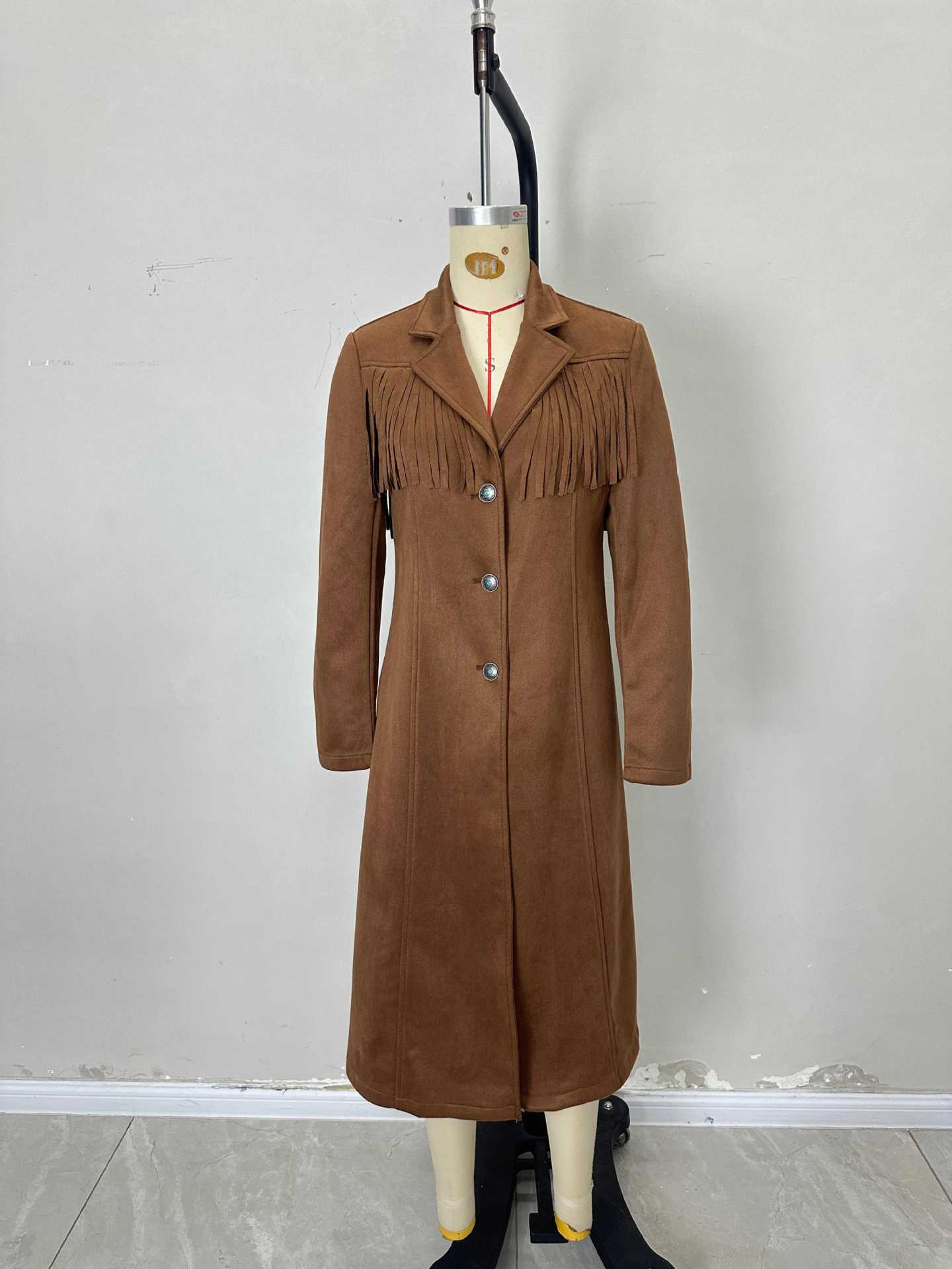 Long Faux Suede Jacket with Fringe and Suit Collar
