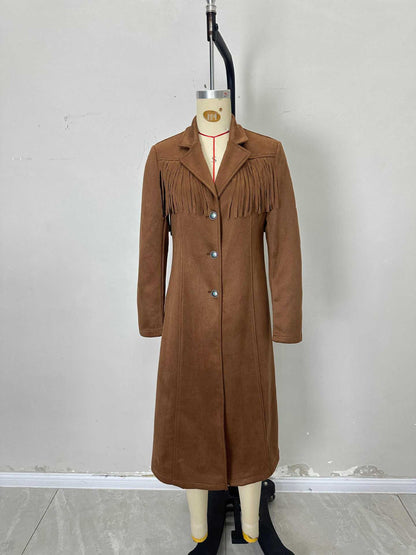 Long Faux Suede Jacket with Fringe and Suit Collar