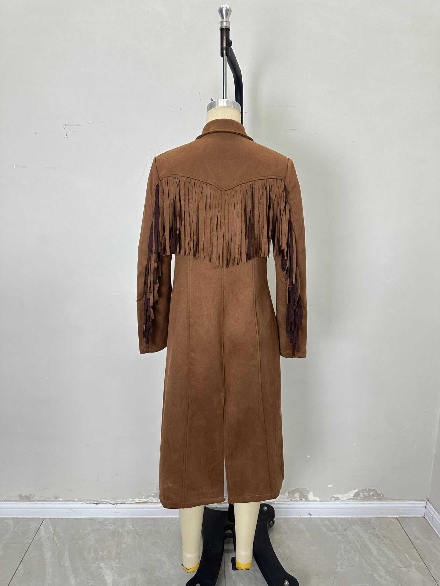 Long Faux Suede Jacket with Fringe and Suit Collar