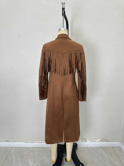 Long Faux Suede Jacket with Fringe and Suit Collar
