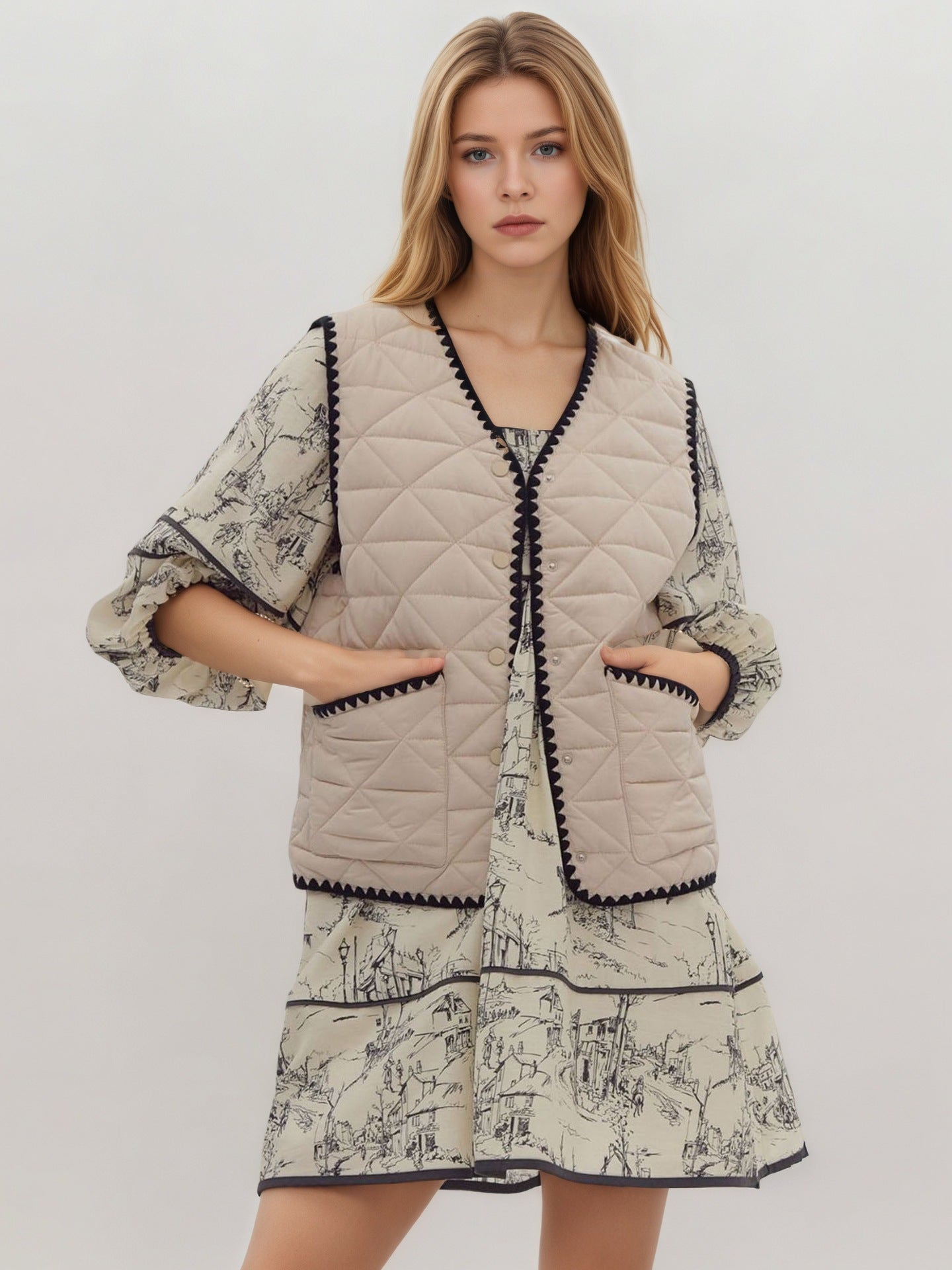 Light Apricot Quilted Vest with V-Neck and Scalloped Trim