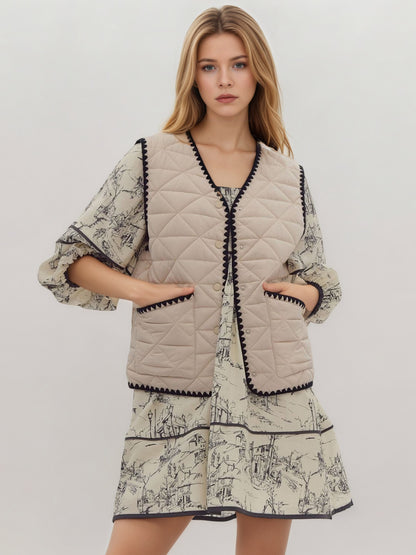 Light Apricot Quilted Vest with V-Neck and Scalloped Trim