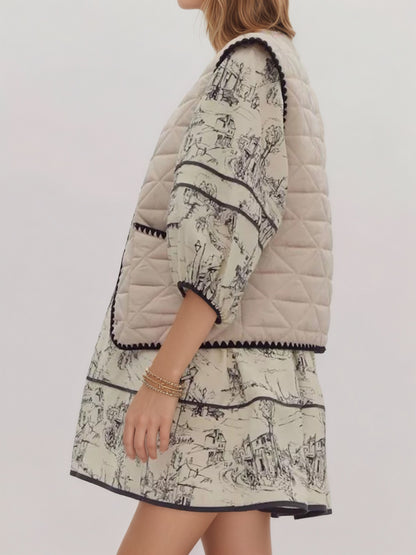 Light Apricot Quilted Vest with V-Neck and Scalloped Trim