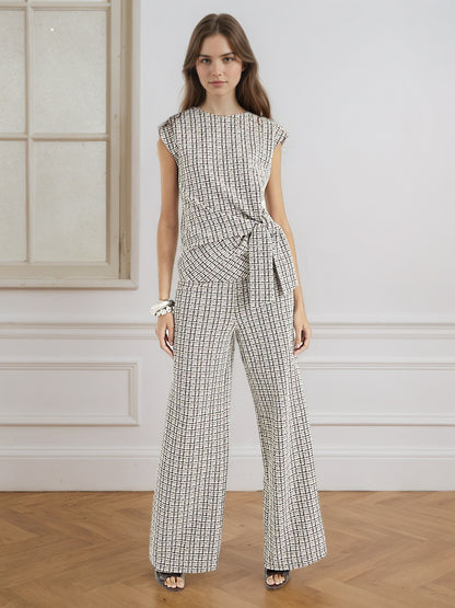 Plaid Two-Piece Set with Tie-Waist and Wide-Leg Trousers