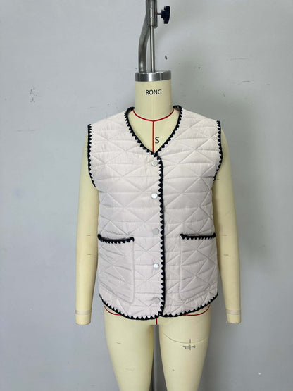 Light Apricot Quilted Vest with V-Neck and Scalloped Trim
