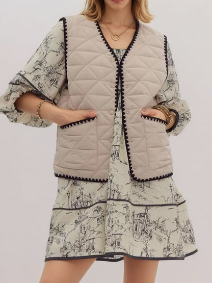 Light Apricot Quilted Vest with V-Neck and Scalloped Trim