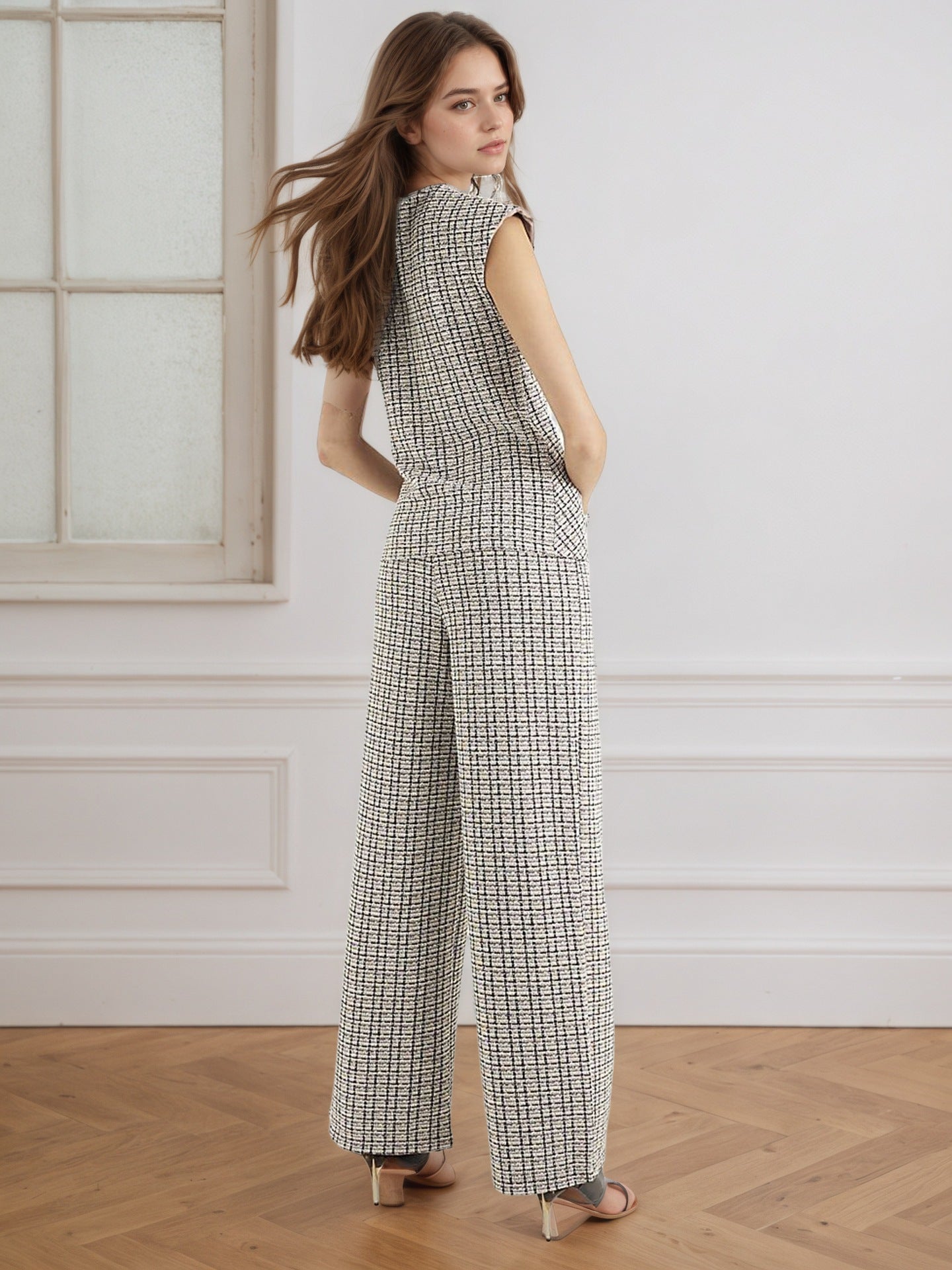 Plaid Two-Piece Set with Tie-Waist and Wide-Leg Trousers