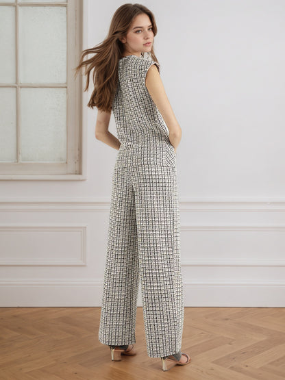 Plaid Two-Piece Set with Tie-Waist and Wide-Leg Trousers