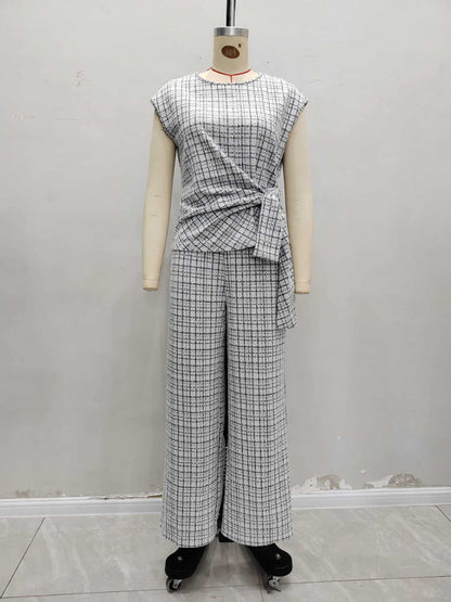 Plaid Two-Piece Set with Tie-Waist and Wide-Leg Trousers