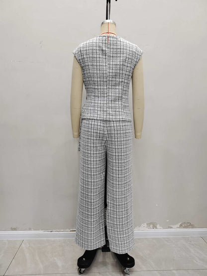 Plaid Two-Piece Set with Tie-Waist and Wide-Leg Trousers