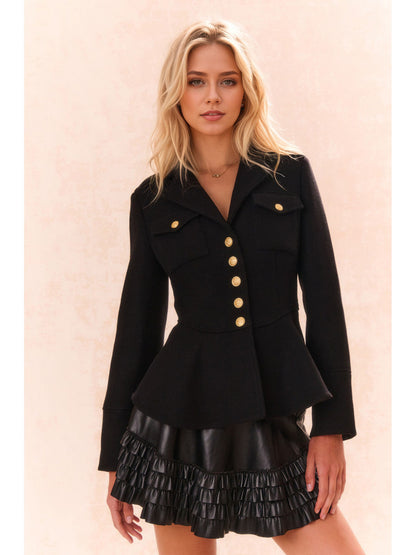 Fitted Peplum Jacket with V-Neck and Gold Buttons