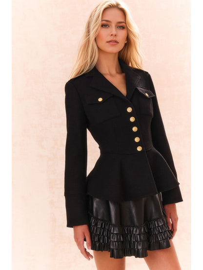 Fitted Peplum Jacket with V-Neck and Gold Buttons