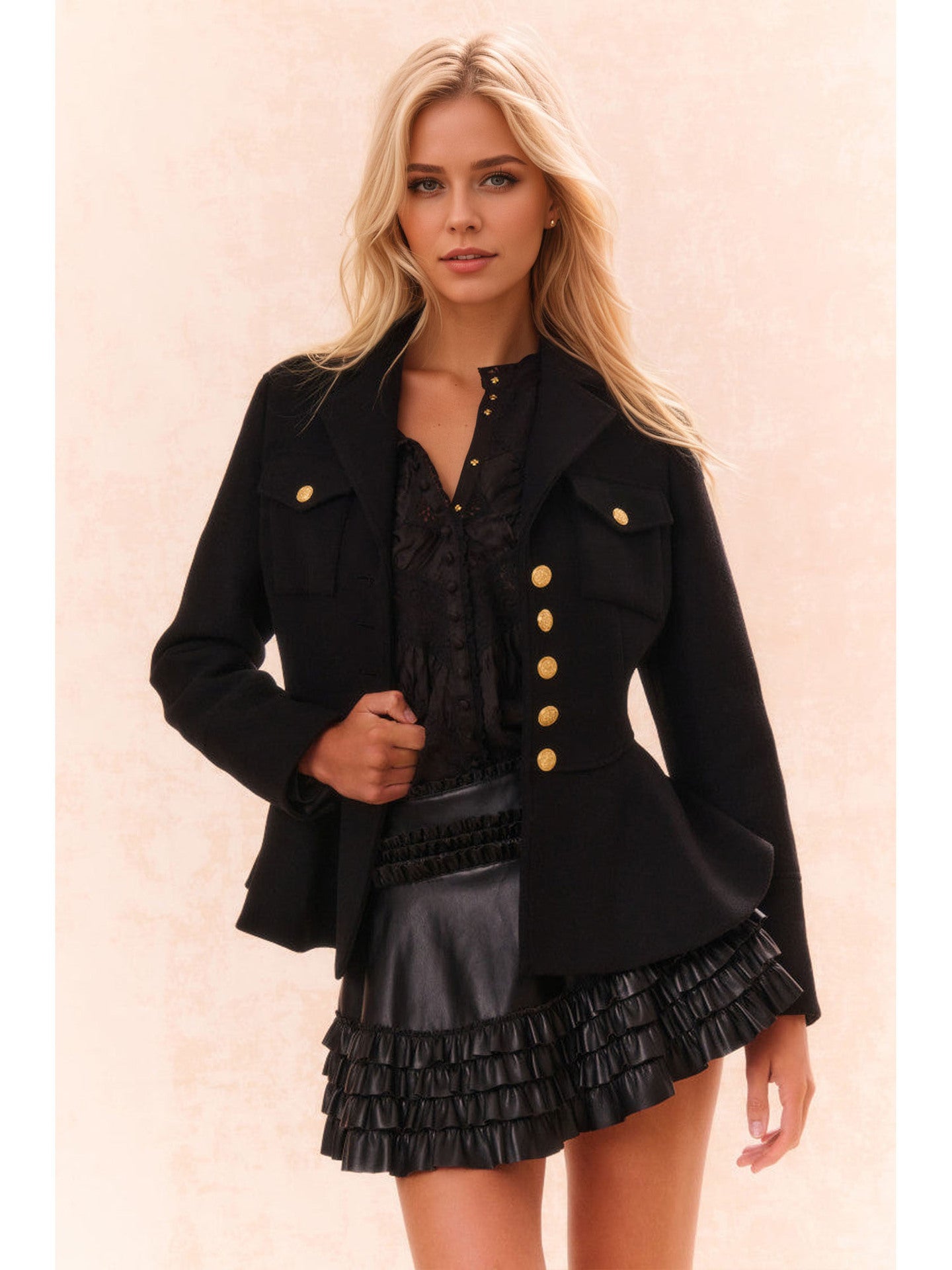 Fitted Peplum Jacket with V-Neck and Gold Buttons